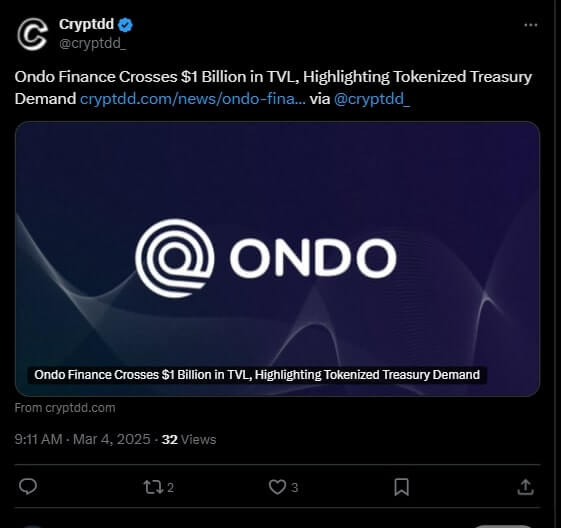 Ondo passes $1 billion tweet